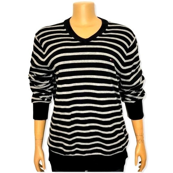 90s Tommy Hilfiger Sweater Striped Preppy V Neck pullover Blue and white size L - Picture 3 of 8